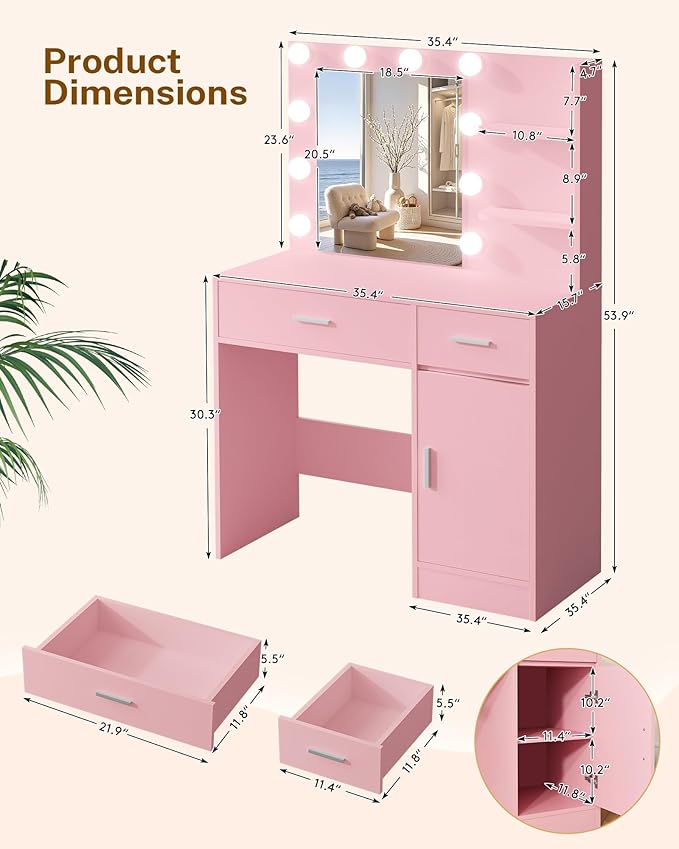 Lighted Makeup Vanity Desk, 35.4“W x 15.7'”D x 54“H, Pink (with Lights and Mirror, Dimming Fuction, 2 Drawers and 1 Cabiniet, Open Shelves)