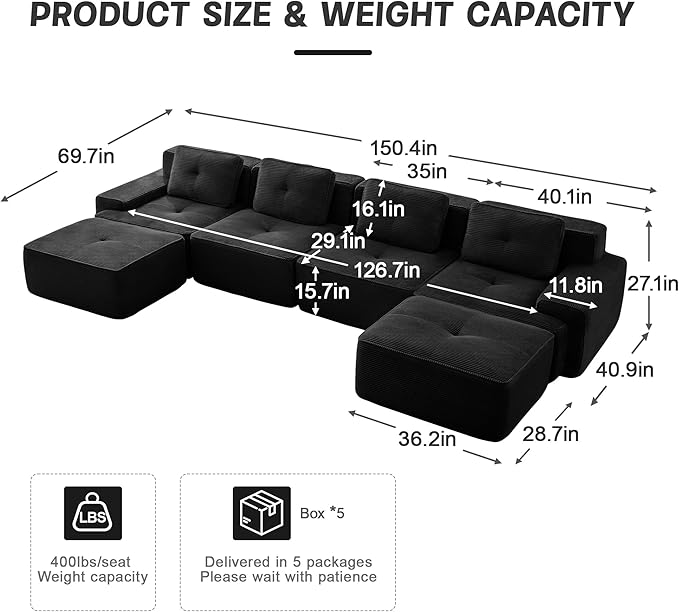 150" Modern Compressed Boneless Couch with Ottoman, 4 Seater Large U Shaped Sectional Couches for Living Room, Black Corduroy Cloud Modular Sectional Sofa, Memory Foam, Extra Deep, No Assembly