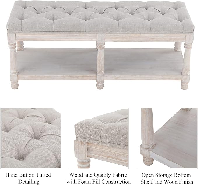 Mid Century Tufted Storage Bench with Shelf, Linen Upholstered Farmhouse Entryway Shoe Bench Ottoman Bed End Stool with Padded Seat, Rustic Bench for Bedroom Living Room Dining Room, Beige