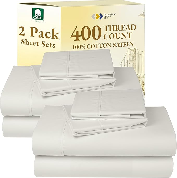 California Design Den 2-Pack Full 100% Cotton Sateen 400 Thread Count Sheets - Extra Soft, Breathable & Cooling Sheets, Wrinkle Resistant, 2 Sets of Deep Pocket Bed Sheets - Ivory (Pale Tone)
