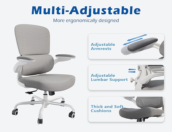 TRALT Ergonomic Office Chair - Desk Chair with Adjustable Lumbar Support Computer Chair - Mesh Comfy Chair with Flip-up Armrests - Gaming Chairs for Adults Home Office (Leather, Grey)