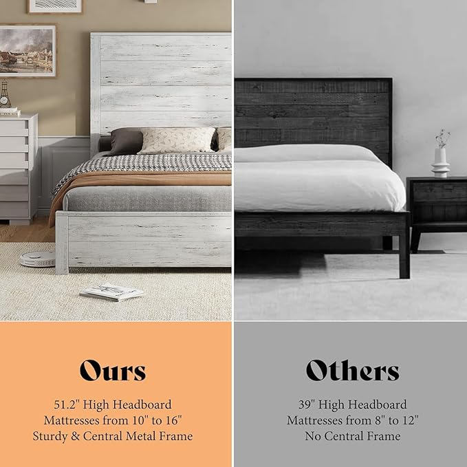 AMERLIFE Full Size 51.2" Wood Bed Frame, Rustic Platform Bed with Spliced Headboard, Wood Slats Support/No Box Spring Needed/Noiseless/Antique White