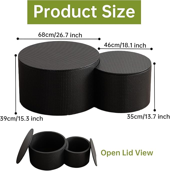 Round Nesting Coffee Table Set of 2, Round Fluted Coffee Tables with Storage for Living Room Leather Veneer Modern Nesting End Side Tables for Small Spaces (A Storage Black)