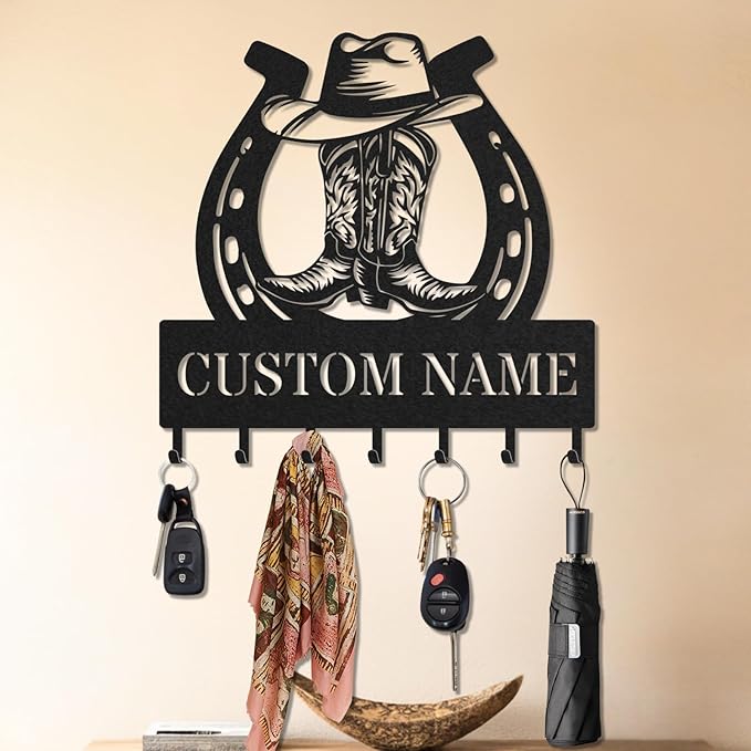 Personalized Key Holder for Wall, Custom Metal Cowboy Key Hooks with Name, Meta Jacket Holder Hooks Organizer Rack, Jacket Hanger Decor for Kitchen, Entryway, Hallway, Office, Doorway