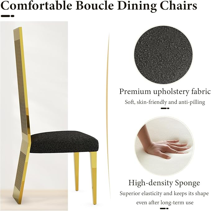 Dining Chairs Set of 2, Black and Gold Dining Room Chairs, Upholstered Dining Chairs with Polished Metal Legs and High Back