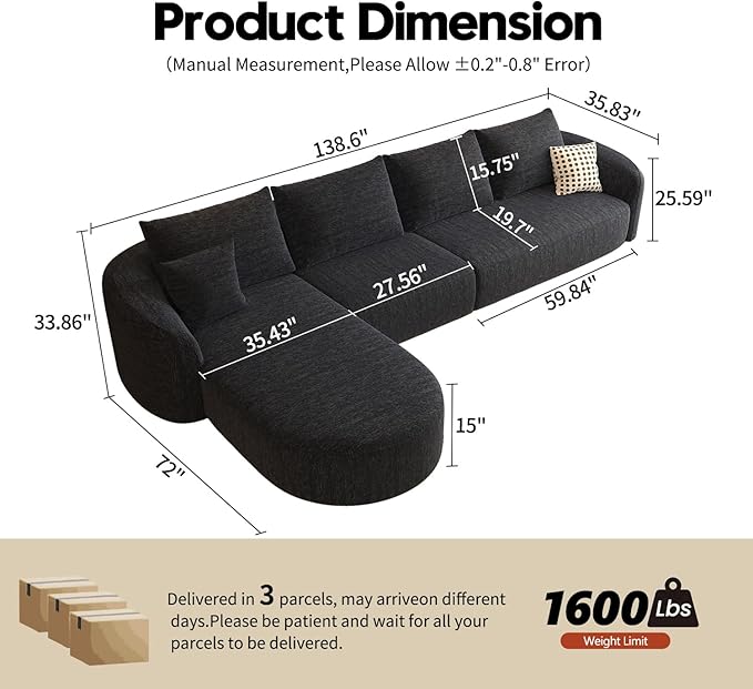 138.6" Modular Sectional Couches Luxury Modern Curved Back Sofa,Minimalist Comfy L-Shape Boneless Cloud Couch for Living Room Apartment,(Left Facing Chaise,Black)