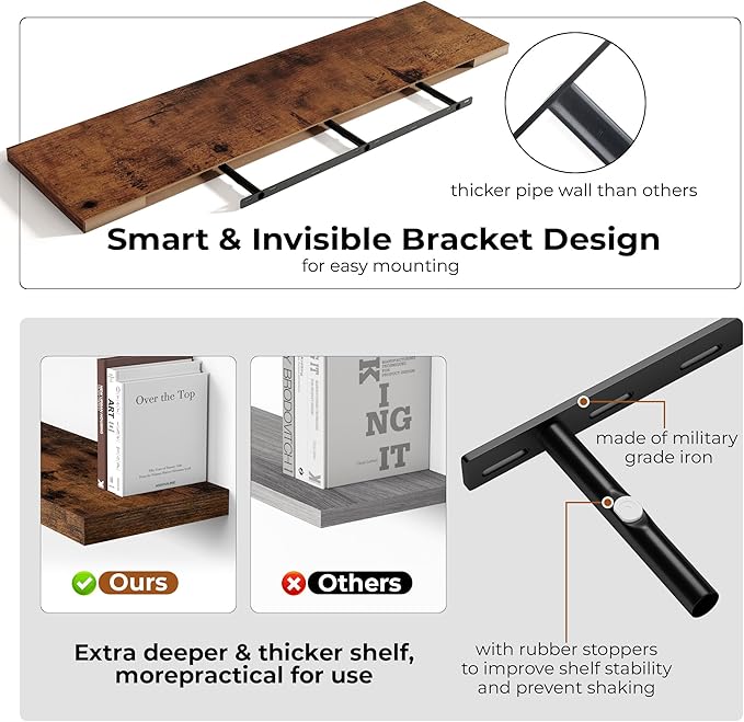 Fun Memories 55 Inch Floating Shelves for Wall, Fireplace Mantel Shelf with Invisible Heavy Duty Bracket, 8 Inch Deep Storage Shelf for Living Room, Kitchen, Farmhouse, Brown (2-Pack)