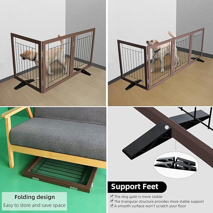 ZJSF Freestanding Dog Gate Indoor, Foldable Dog Fence for Doorways,Hallways or Stairs, Sturdy Wood Extra Wide Pet Gate with Support Feet,Brown,32 "Height-3 Panels