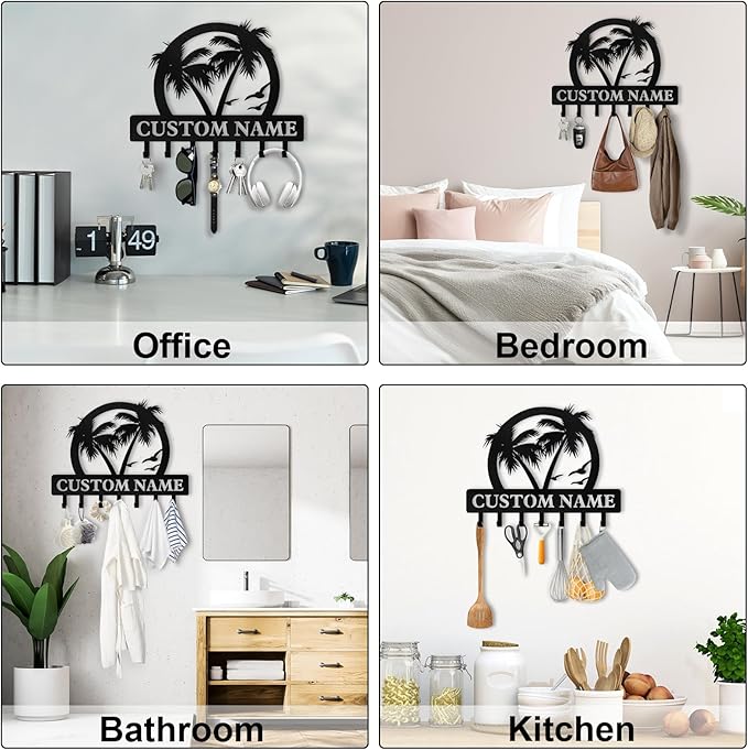 Personalized Key Holder for Wall, Beach Theme Key Holder Wall Mount with Hooks, Coconut Trees Key Hanger Wall Decor for Pool Bathroom Hallway Entryway Office, Customized Home Decor Gifts Color07
