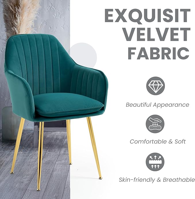 ECOTOUGE Matte Velvet Dining Chairs Set of 2, Modern Arm Chair with Golden Metal Legs, Living Room Accent Chairs for Kitchen, Emerald Green