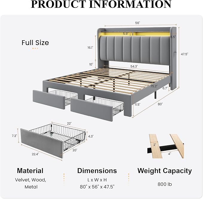 SHA CERLIN Velvet Full Size Bed Frame with Vertical Channel Tufted Wingback Headboard & 2 Storage Drawers/2-Tier Shelves with LED Lights & Charging Station/Noise-Free/No Box Spring Needed/Light Grey