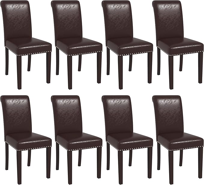 Westice Dining Room Chairs Set of 8 Upholstered PU Leather Kitchen Chairs Dining Room Side Chair with Nailhead Trim and Rubber Wood Legs for Small Space Apartment, Brown