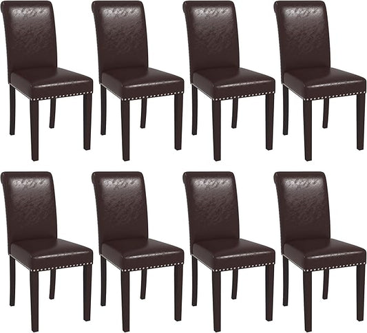 Westice Dining Room Chairs Set of 8 Upholstered PU Leather Kitchen Chairs Dining Room Side Chair with Nailhead Trim and Rubber Wood Legs for Small Space Apartment, Brown