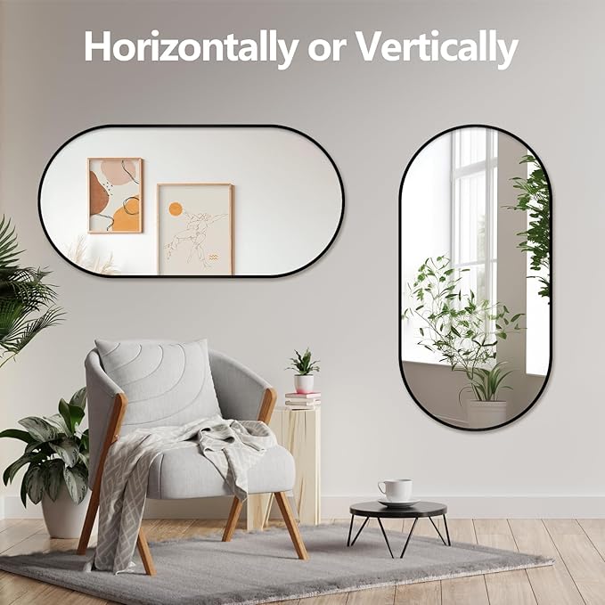 Oval Full Length Mirror, 60"×30" Wall-Mounted Mirror with Metal Frame, Ultra-Clear Explosion-Proof Dressing Mirror, Simple and Classic Deco for Cloakroom/Bedroom/Living Room, Black