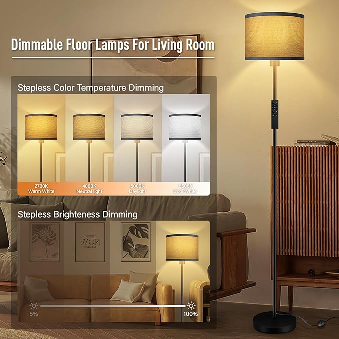 Floor Lamps for Living Room, Stepless Dimmable Floor Lamp with Remote, 2700K-6500K Colors Temperature & Brightness Adjustable,10W/1200LM Gray LED Floor Lamp, Modern Standing Lamp for Bedroom/Office