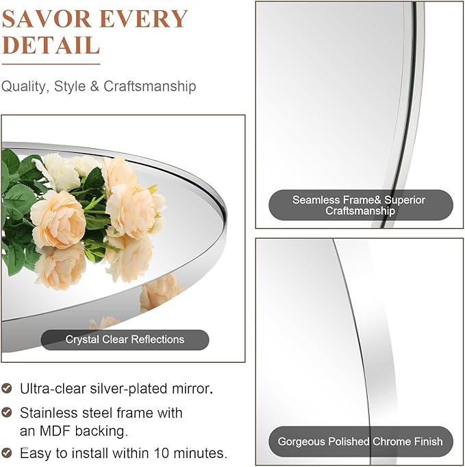 ANDY STAR Arched Mirror, 24 x 36 Inch Polished Chrome Bathroom Mirror with Stainless Steel Metal Frame, Arch Top Rounded Corner 1 Inch Deep Set Design Wall Mount Hangs Vertical