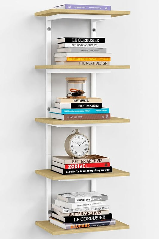 White and Natural Tiered Wall Shelf Unit, 5 Tier Display Floating Shelves, Deep Hanging Wall Shelving Unit for Living Room Plants TV, Bedroom Books, Office Décor (White and Natural Wood)