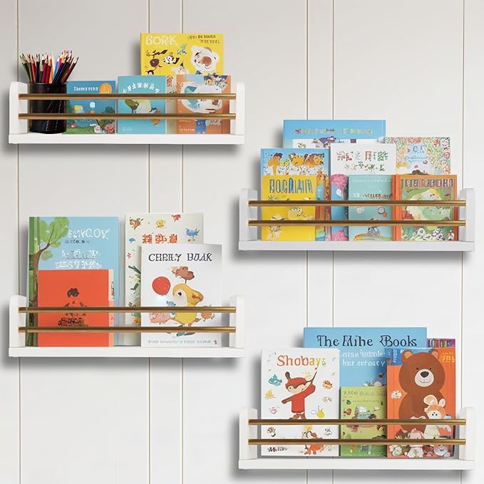 Nursery Wall Bookshelves 4-Pack, Floating Shelves for Kids Room Décor, Baby & Toddler Book Shelf Organizer, Solid Wood Wall-Mounted Rack for Books, Toys & Nursery Storage