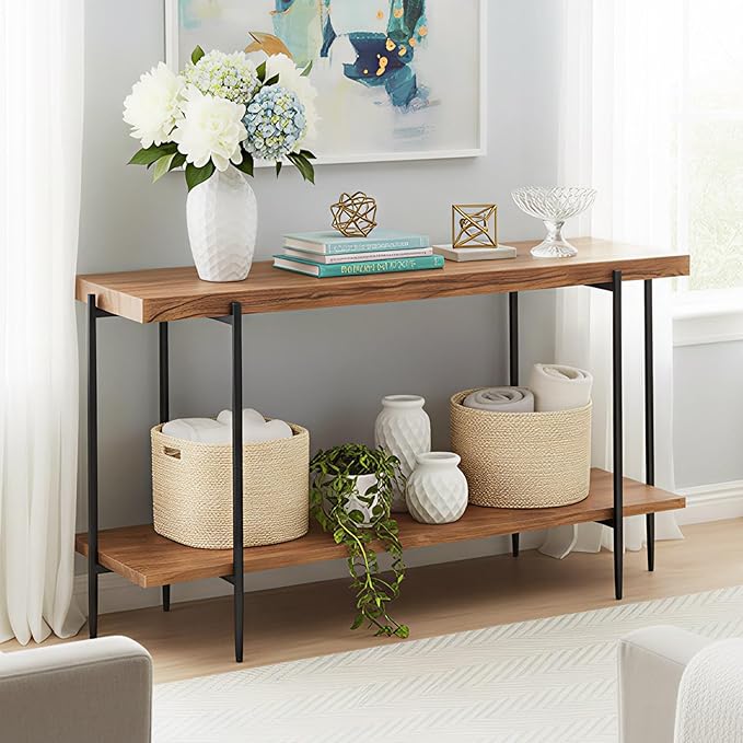 31.5” Console Table Narrow for Entryway with 2 Tier Storage Shelves, Solid Wood Industrial Entrance Sofa Table Behind Couch for Hallway, Foyer, Living Room(35.4"x11.8"x31.5")