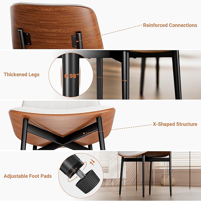 Dining Chairs Set of 8, Dining Room and Kitchen Chairs, FSC Certified Mid Century Modern Accent Chair, Upholstered PU Leather Chairs for Vanity with Walnut Bentwood and Metal Legs, White