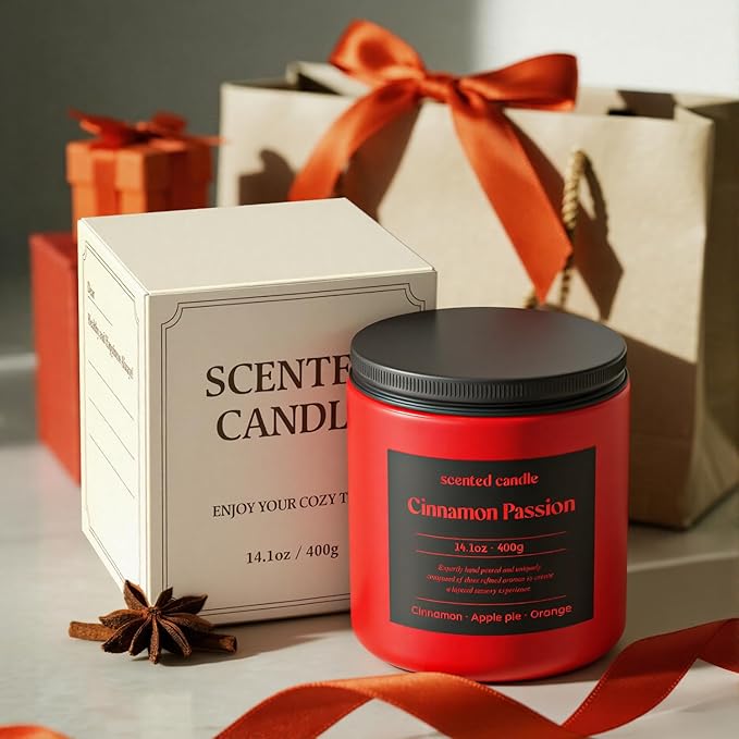 Cinnamon Candle, 14.1 oz Fall Candles for Home, 2 Wicks Blended Scents Scented Candles for Women and Men, Birthday Gifts for Women (Cinnamon+Apple Pie+Orange)