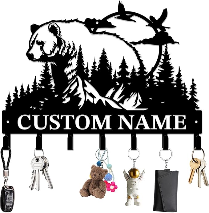 Personalized Custom Name Bear Key Wall Hooks,Metal Bear Keys Clothes Hooks,Metal Bear Wall Home Storage Decorative,For Front Door, Hallway, Kitchen, Bedroom,Keys,Hats (Style N)