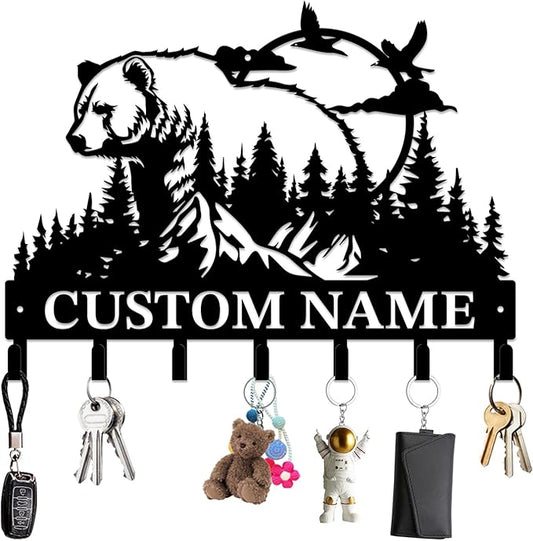 Personalized Custom Name Bear Key Wall Hooks,Metal Bear Keys Clothes Hooks,Metal Bear Wall Home Storage Decorative,For Front Door, Hallway, Kitchen, Bedroom,Keys,Hats (Style N)