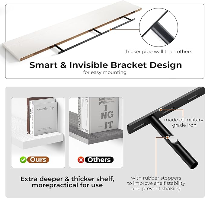 Fun Memories 72 Inch Floating Shelves for Wall, Fireplace Mantel Shelf with Invisible Heavy Duty Bracket, 8 Inch Deep Storage Shelf for Living Room, Kitchen, Farmhouse, White (2-Pack)