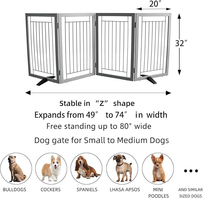 ZJSF Freestanding Dog Gate Indoor, Foldable Dog Fence for Doorways,Hallways or Stairs, Sturdy Wood Extra Wide Pet Gate with Support Feet,Grey,32 "Height-4 Panels