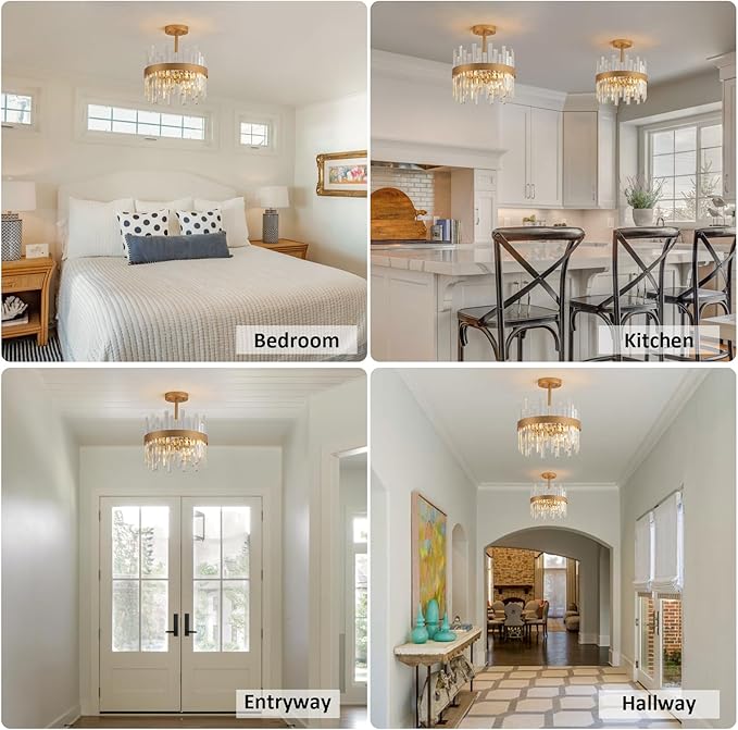 Gold Semi Flush Mount Ceiling Light Fixture, Modern Hallway Light Fixtures Ceiling Mount, Foyer Kitchen Lighting Fixtures Ceiling Lights for Bedroom, Bathroom, Laundry Room, Entryway