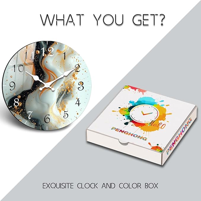 Black Wihte Wall Clock 10 Inch Round Silent Non-Ticking Quartz Battery Operated Wall Clocks Marble Pattern Decor Arabic Numerial Clock for Kitchen, Bedroom