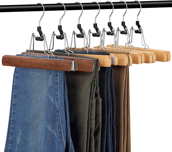 AMKUFO 20 Pack Wooden Pants Hangers with Clips Non Slip Skirt Hangers Trouser Clamp Hanger Solid Wood Hanger with 360° Swivel Hook Walnut