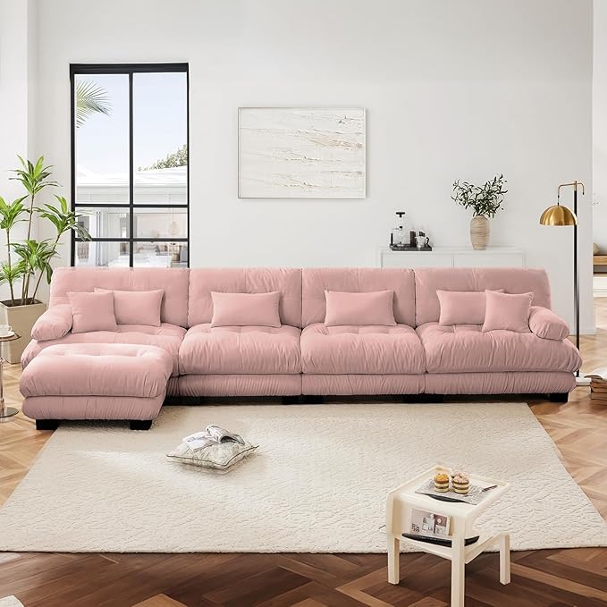 173.2" Oversized Couch, 4 Seater Modular Sectional Sofa, Pink Large L Shaped Fluffy Couch Set, Chenille Cloud Sofas with Ottoman for Living Room