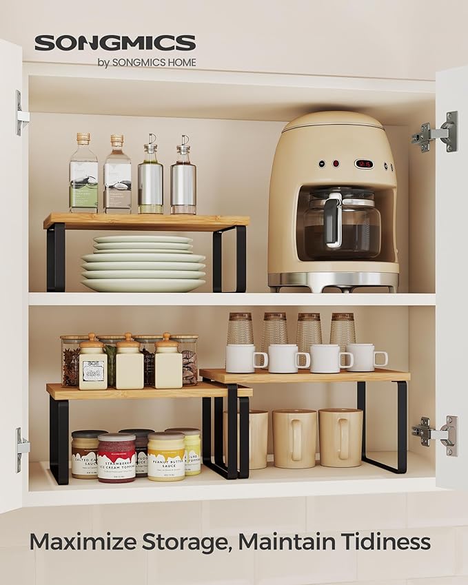 SONGMICS Cabinet Organizer Shelf, Set of 3 Kitchen Counter Shelves, Kitchen Storage, Spice Rack, Stackable, Expandable, Ink Black and Natural Beige UKCS014YL03