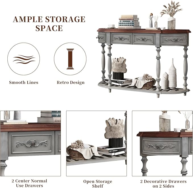 HMFULE Retro Curved Console Table, 52" Solid Wood Half Moon Sofa Table Entryway Table with 4 Drawers 1 Open Shelf for Living Room,Entryway,Hallway,Grey