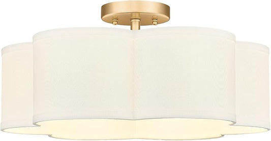 Gold Semi Flush Mount Ceiling Lights, 6-Light 18Inch Ceiling Light Fixtures with Fabric Shade in Flower Shape, Farmhouse Brass Drum Lighting for Nursery Bedroom Kitchen, AD-22007-6SF-GD