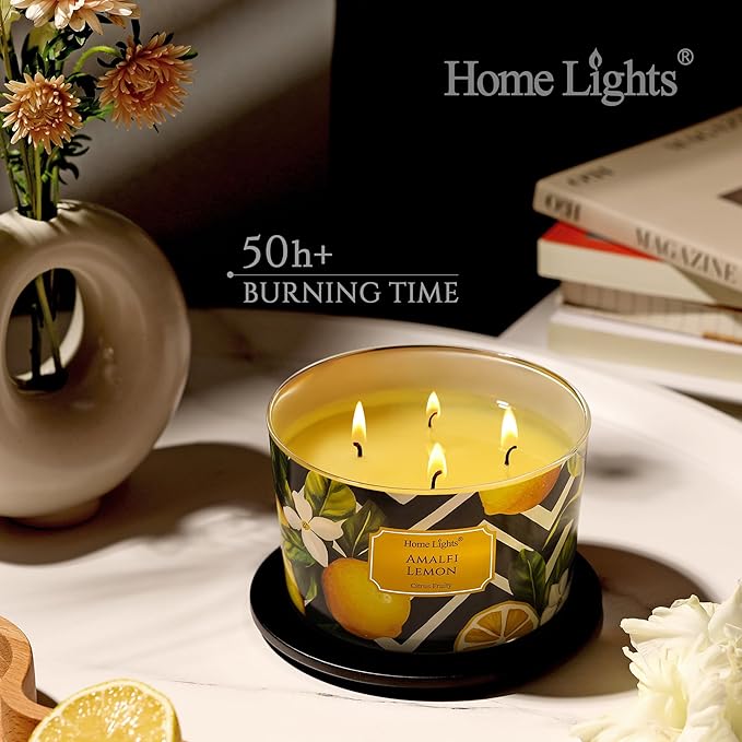 HomeLights Large jar Candle | 4-Wick Long-Lasting Scented Candles, 18oz Natural Soy Wax Candle for Home Scented, Eclectic Mixed Styles Gifts for Women & Men, Amalfi Lemon