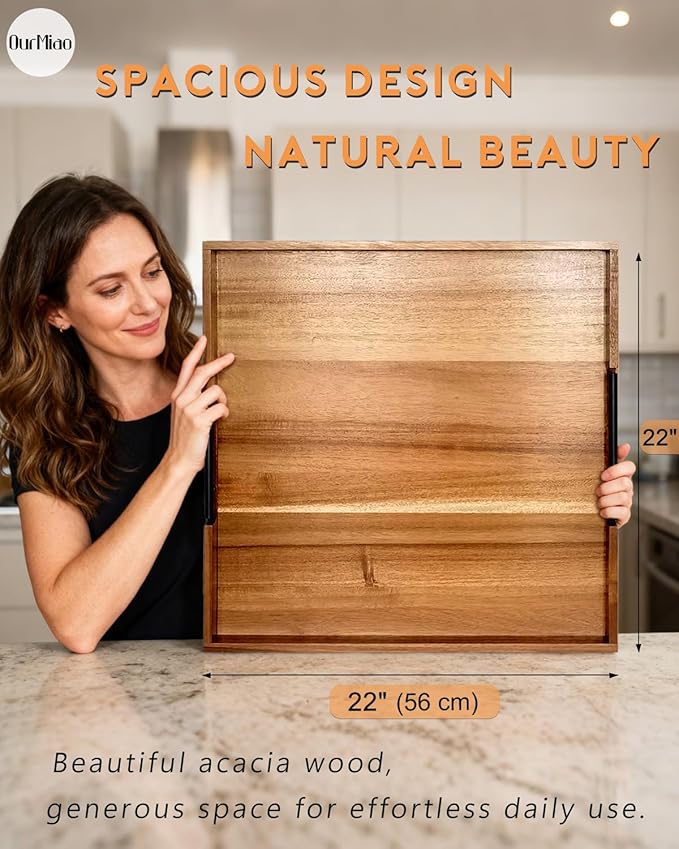 22 Inch Square Acacia Wood Ottoman Tray, Extra Large Wooden Serving Tray with Metal Handles – Spacious & Durable for Living Room, Coffee Table, Kitchen, Food Serving & Hosting