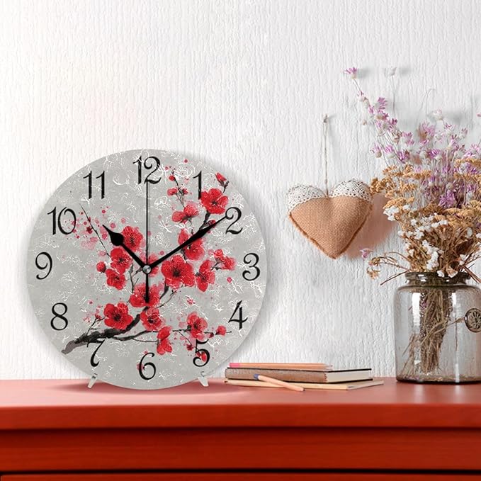 Wall Clock Retro Red Cherry Blossom Silent Non-Ticking Decorative Round Wall Clocks Battery Operated for Office Home Living Room Kitchen Bedroom 10 Inch