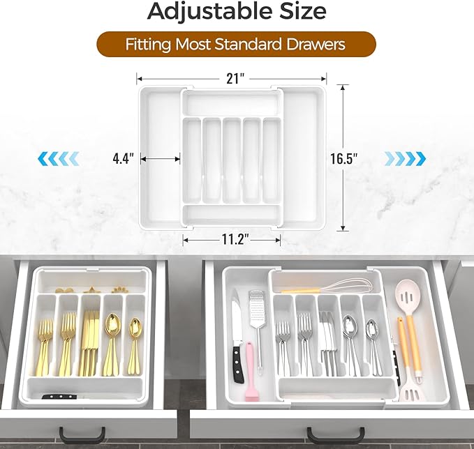 Extra Large Expandable Silverware Organizer, BPA-Free Food-Safe Cutlery Flatware Organizer, Kitchen Utensil Drawer Organizer, Adjustable Silverware Holder for Spoons Forks Knives, White
