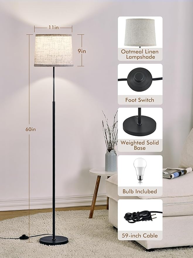 60" Modern Floor Lamp for Living Room Bedroom, Standing Lamp with Oatmeal Linen Lampshade, Tall Lamp with A19 9W 3 Color Temperature Bulb, Foot Switch Control, Black