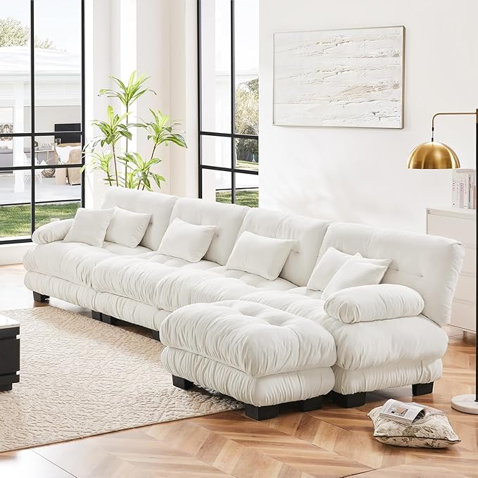 173.2" Oversized Couch, 4 Seater Modular Sectional Sofa, White Large L Shaped Fluffy Couch Set, Chenille Cloud Sofas with Ottoman for Living Room