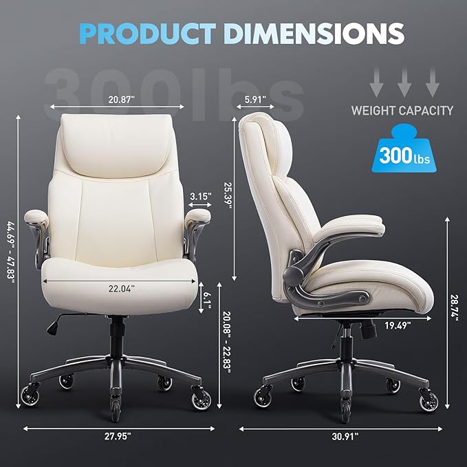 Ergonomic High-Back Executive Office Chairs, Heavy Duty Home Computer Chair with Lumbar Support, Flip-Up Arms, and PU Leather Upholstery, Beige