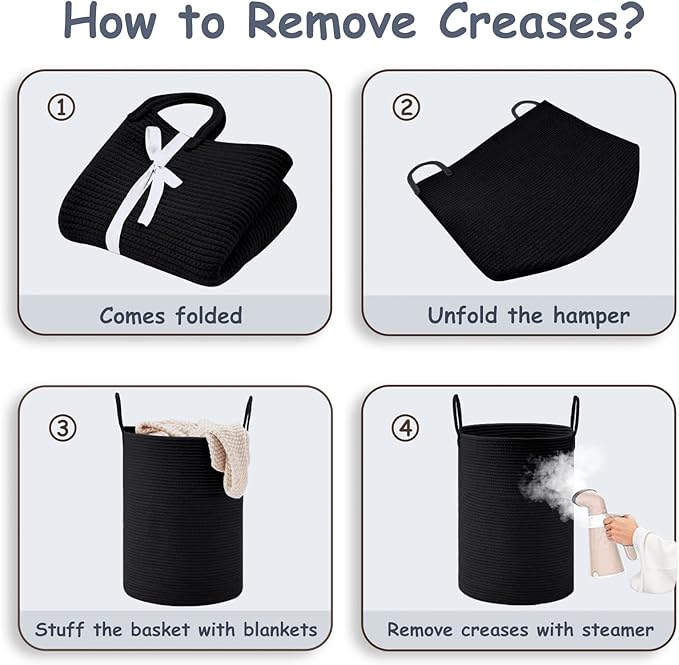 VIPOSCO Large Laundry Hamper, Tall Woven Rope Storage Basket for Blanket, Toys, Dirty Clothes in Living Room, Bathroom, Bedroom - 72L Black