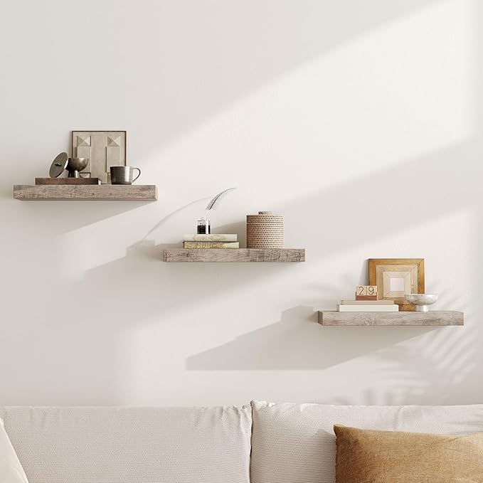 Floating Shelves for Wall, 1.5" Thick Wall Shelf Set of 3 with Invisible Brackets, 15.7L x 7.9W Hanging Book Shelves Farmhouse Home Decor for Bathroom, Living Room, Bedroom, Greige 4301BJP3BG