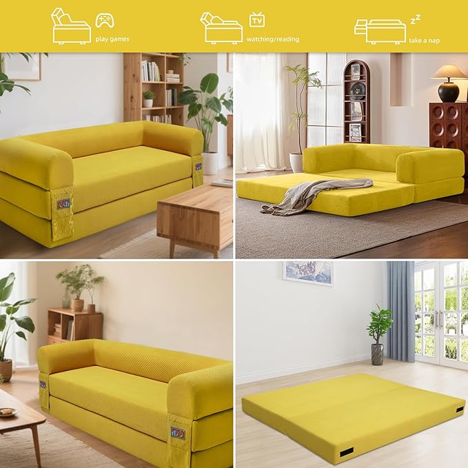Fold Sofa Bed Couch Memory Foam Futon Sleeper Chair Guest Bed and Fold Out Sofa, Couch for Living Room Corner Chair Bedroom (Yellow)