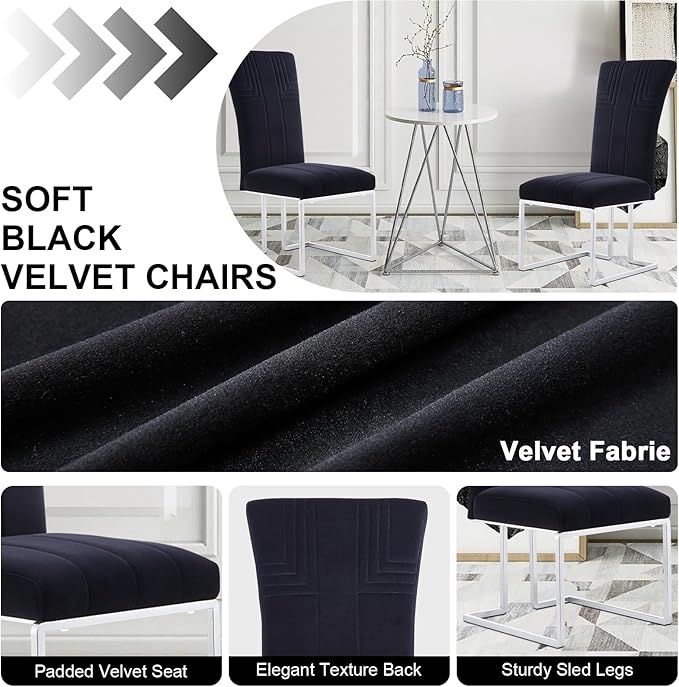 AUZ Dining Chairs Set of 4, Black and Silver Dining Chair with Velvet Upholstery and Mirrored Silver Sled Legs