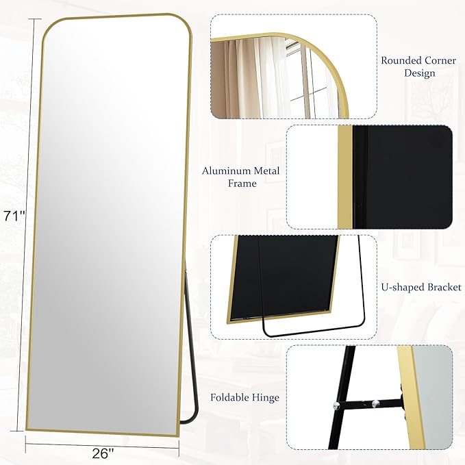 Full Length Mirror 71"x26" Arched Floor Standing Large Mirrors Full Body Mirror with Stand - with Aluminum Frame for Bedroom Living Room, Gold