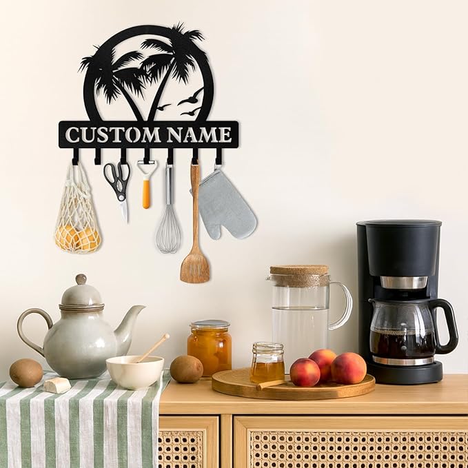 Personalized Key Holder for Wall, Beach Theme Key Holder Wall Mount with Hooks, Coconut Trees Key Hanger Wall Decor for Pool Bathroom Hallway Entryway Office, Customized Home Decor Gifts Color07