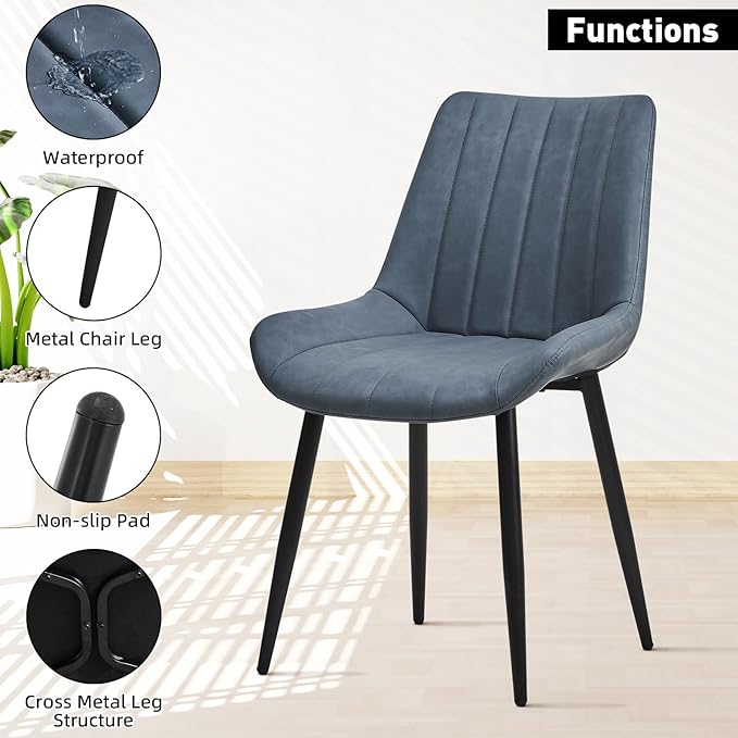 Dining Chairs Set of 2, Faux Leather Modern Linear Design Dining Chair with Metal Legs, 16.9" Seat Width Chair for Kitchen, Lounge, Reception Room, Restaurant, Commercial (Haze Blue)